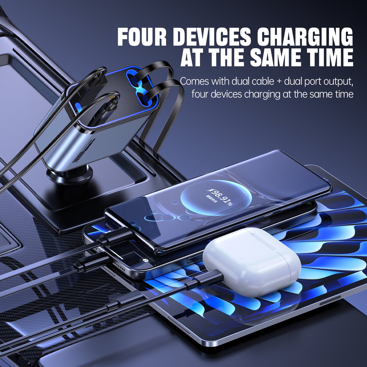 120W 4-in-1 Car Charger with Retractable Cable & Star Roof Ambient Light