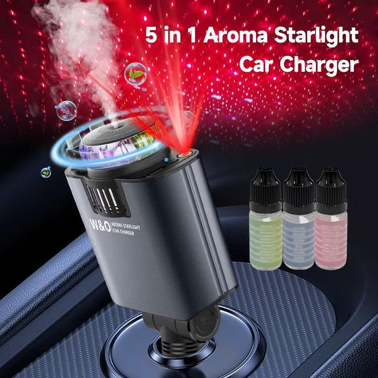 W&O Aromatic Starlight Car Charger – Fast Charging, Dual Port + 3 Diffuser Bottles Free