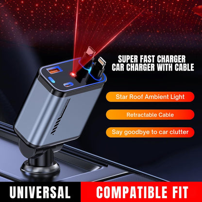 120W 4-in-1 Car Charger with Retractable Cable & Star Roof Ambient Light