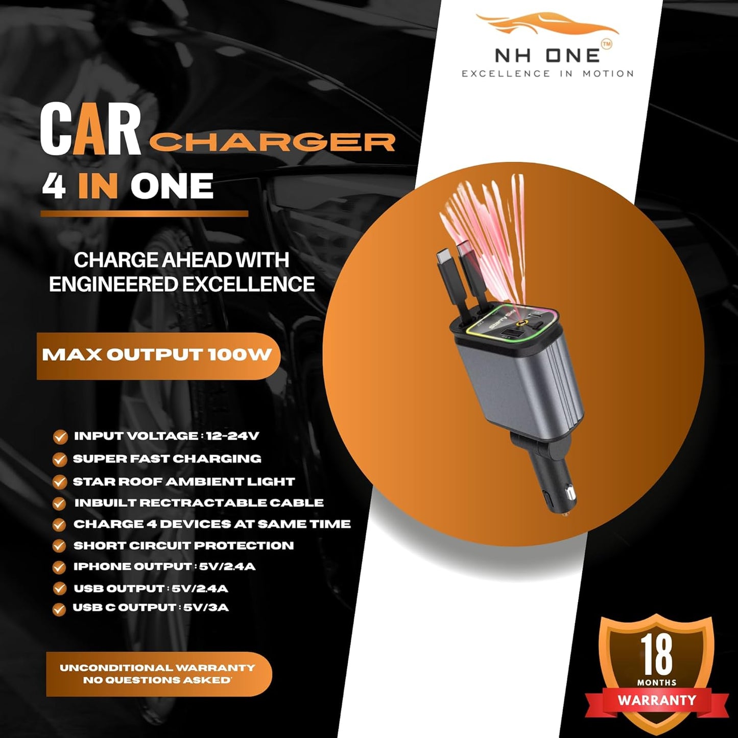 120W 4-in-1 Car Charger with Retractable Cable & Star Roof Ambient Light