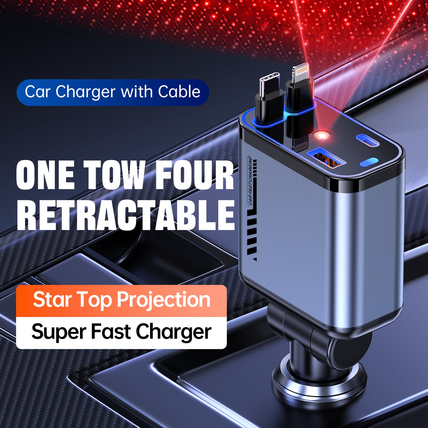120W 4-in-1 Car Charger with Retractable Cable & Star Roof Ambient Light