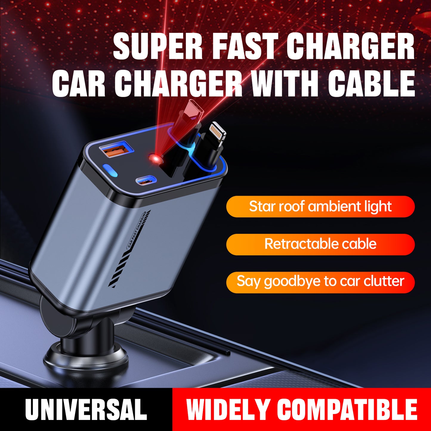 120W 4-in-1 Car Charger with Retractable Cable & Star Roof Ambient Light