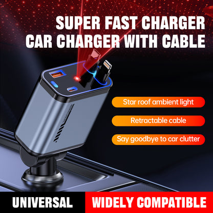 120W 4-in-1 Car Charger with Retractable Cable & Star Roof Ambient Light