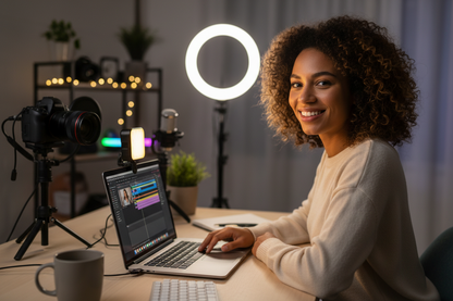 Content creator using LED pocket video light at desk