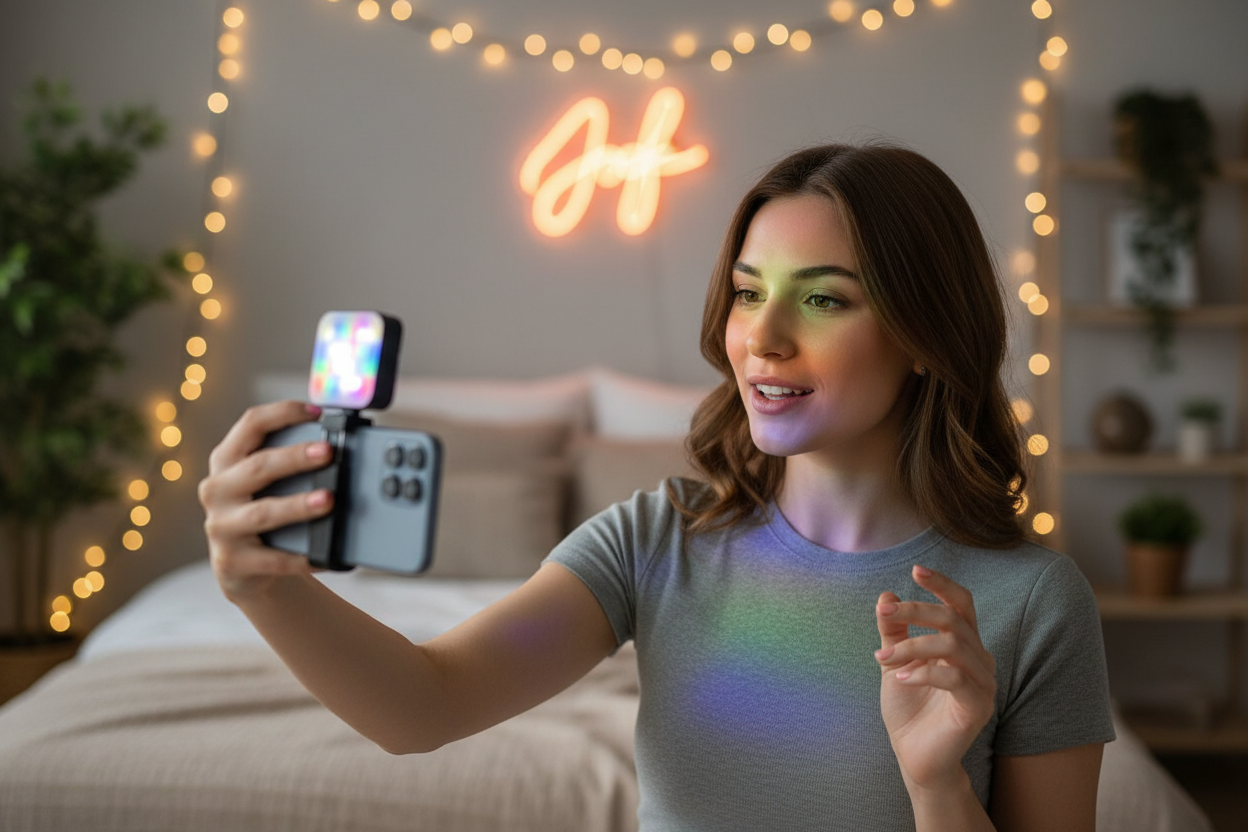 Vlogger using RGB LED light with smartphone