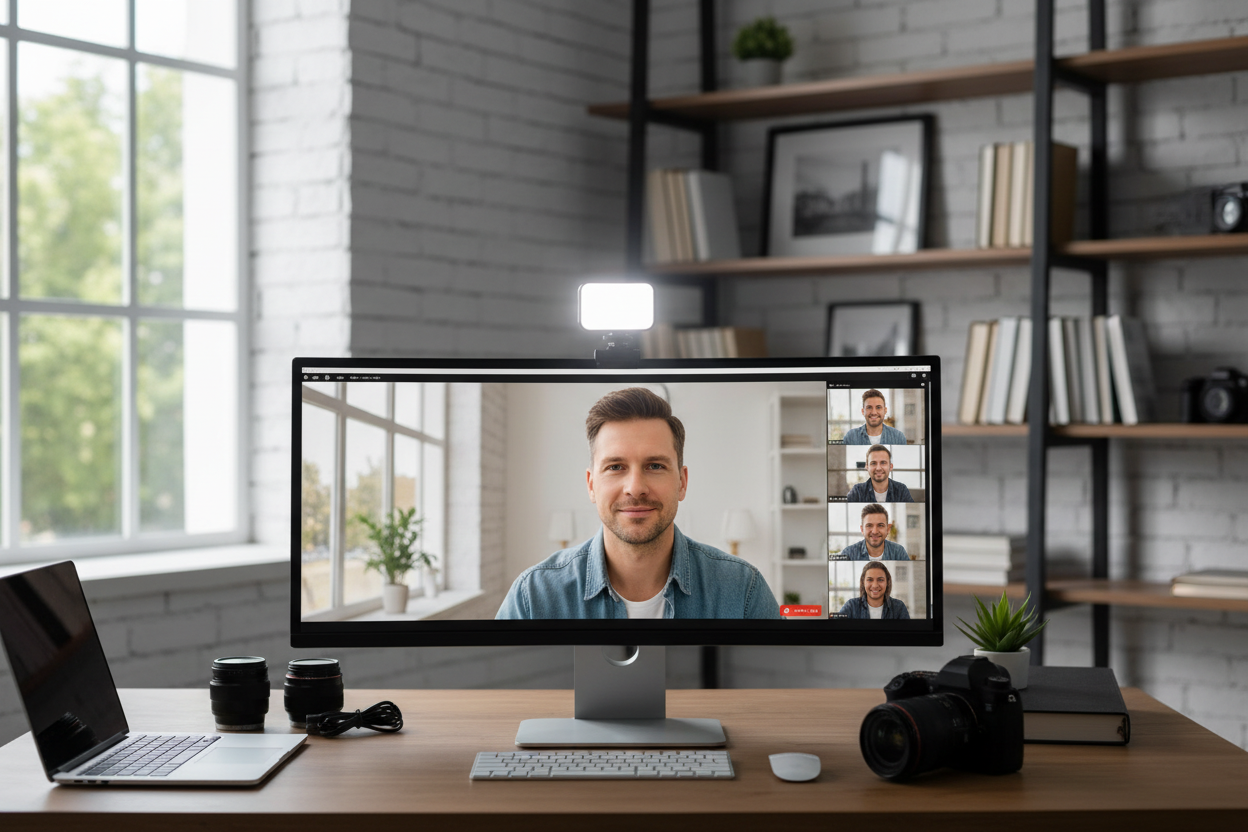 Professional on video call with LED light on monitor