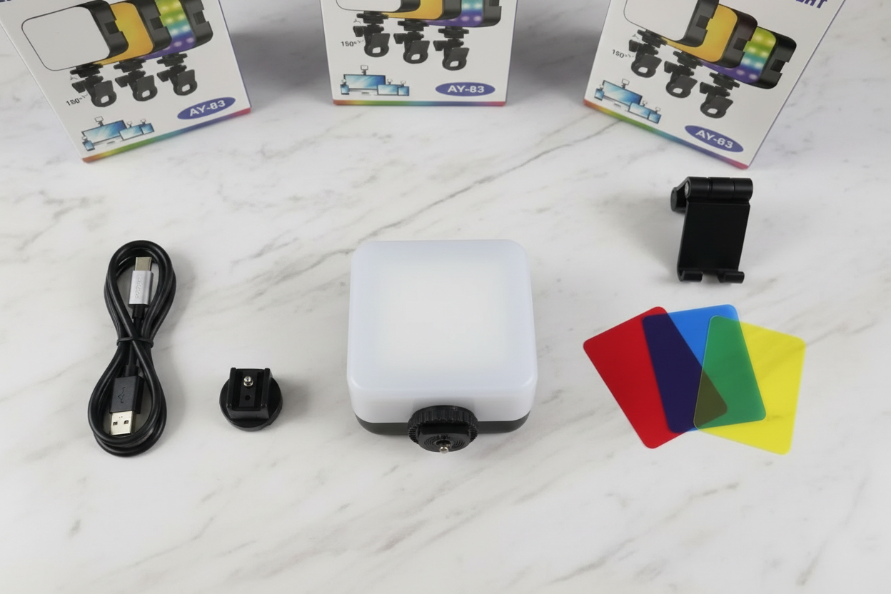 LED pocket video light flat lay product shot
