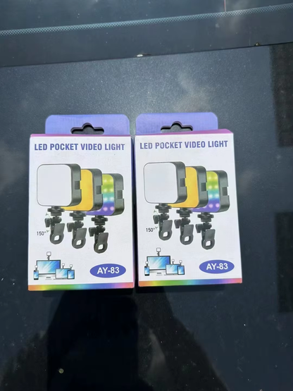 LED Pocket Video Light AY-83 Rechargable– RGB & White Modes with Clip
